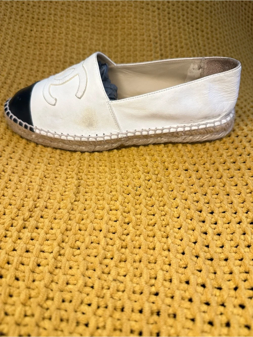 CHANEL Cream and Black Leather Espadrille Slip-Ons